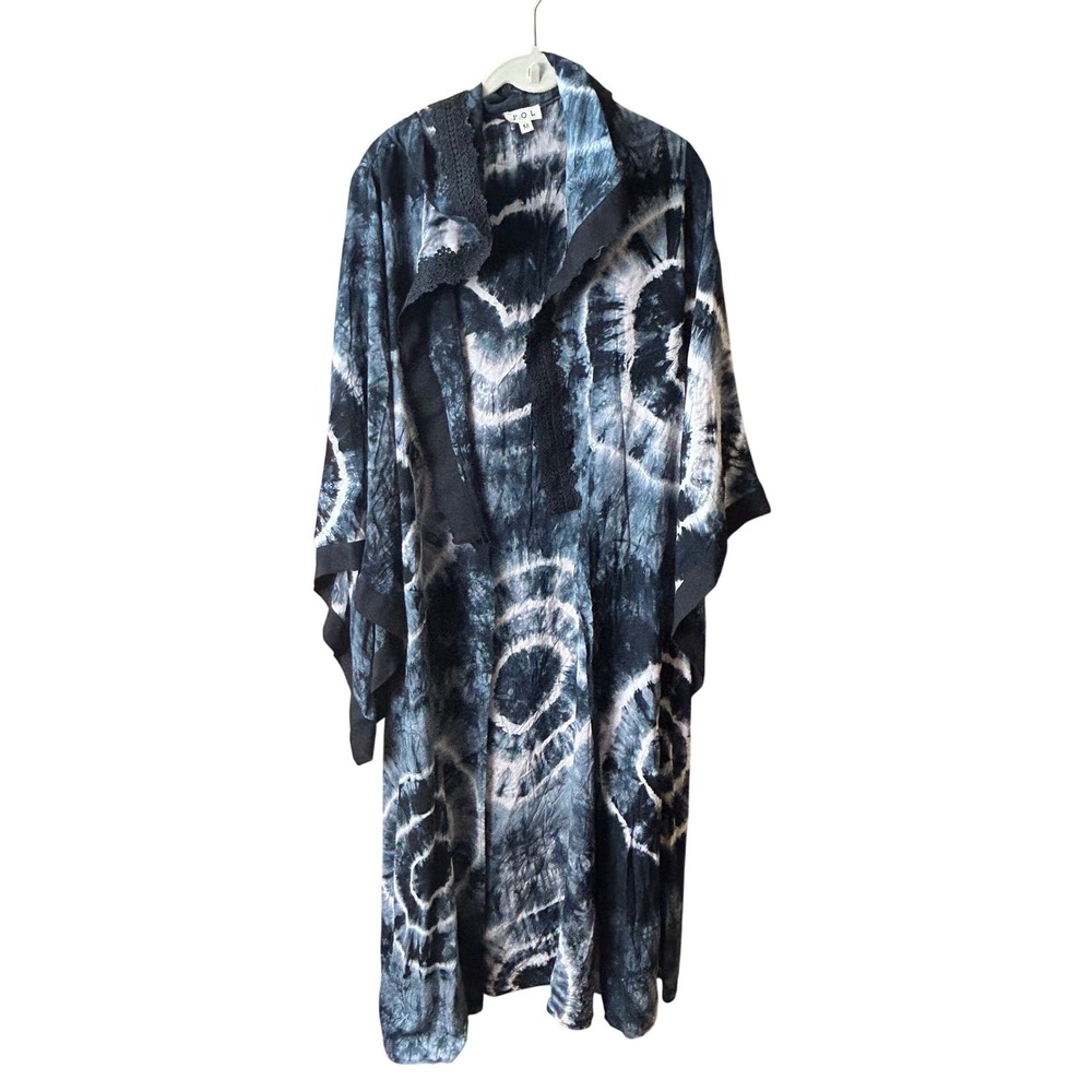 POL Gray‎ Tie Dye Kimono Cardigan Duster Cover Up Top Lace Trim Medium Boho - Picture 2 of 8